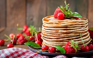 Картинка вишня, ягоды, мята, клубника, стопка, блины, доски, полотенце