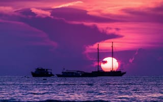 Картинка Сиамский залив, город, солнце, корабли, Паттайя, Таиланд, закат