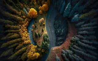 Картинка дорога, осень, autumn, top view, colorful, landscape, road, trees, пейзаж, лес, forest, dark, generative