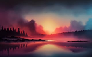 Картинка sunrise, утро, reflection in water, AI art, отражение в воде, morning, облака, trees