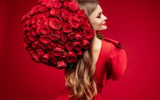 Картинка девушка, цветы, dress, платье, girl, букет, розы, red