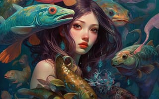 Картинка взгляд, девушка, нейросеть, русалка, лицо, под водой, рыбы