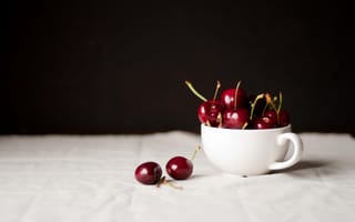 Картинка ягоды, стол, белая, чашка, вишня, черешня