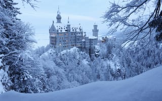 Картинка зима, лес, Германия, Бавария, снег, Germany, замок, деревья