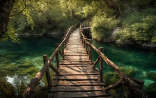 Картинка зелень, лес, природа, свет, пейзаж, озеро, мост, лето