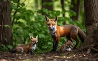 Картинка лес, лиса, лисёнок, цифровое искусство, мама, ИИ-арт, детёныш, лис