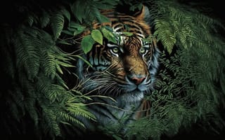Картинка Взгляд, Тигр, Усы, Цифровое искусство, Джунгли, Морда, Хищник, Бенгальский тигр