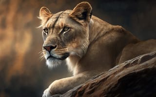 Картинка Взгляд, Львица, Хищница, Большая кошка, Цифровое искусство, ИИ-арт, Морда, Искусство искусственного интеллекта
