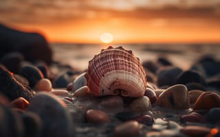Картинка море, пляж, галька, закат, макро, небо, камни, солнце