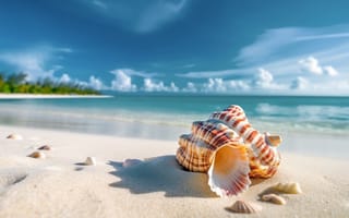 Картинка песок, море, пляж, раковина, тропики, тень, небо, синева