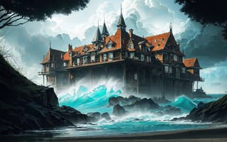 Картинка storm, sea, illustration, building, exterior, architecture, DeviantArt, old, nature, water, AI art, outdoors
