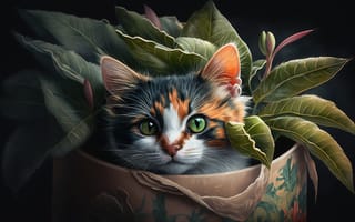 Картинка Взгляд, Цветок, Цифровое искусство, Мордашка, Темный, Котенок, ИИ-арт, Арт