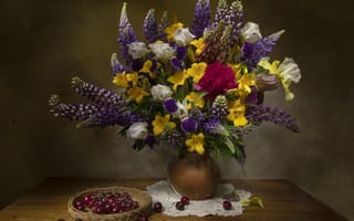 Картинка цветы, ягоды, натюрморт, пион, салфетка, букет, ирисы, черешня