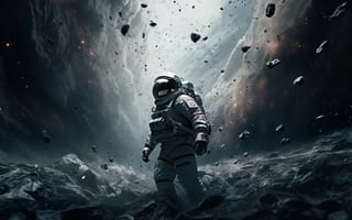 Картинка космос, камни, человек, скафандр, космонавт, скалы, фантастика, астронавт