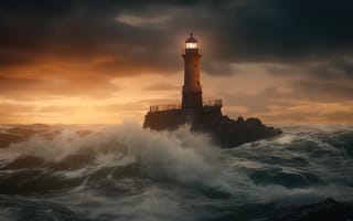 Картинка море, волны, маяк, тучи, свет, цифровое искусство, ИИ-арт, шторм
