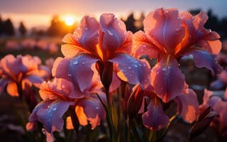 Картинка ирис, цветы, макро, капли, лепестки, ИИ-арт, роса, цифровое искусство