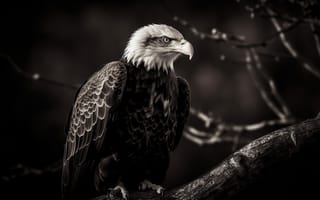 Картинка Взгляд, Птица, Хищник, Цифровое искусство, Ветка, Орёл, Белоголовый орлан, Черно-белое