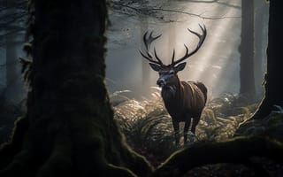 Картинка Туман, Деревья, ИИ-арт, Цифровое искусство, Лес, Рога, Искусство искусственного интеллекта, Олень