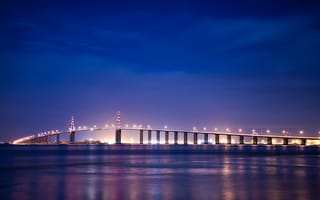 Картинка Бретань, ночь, мост, синева, река, небо, огни, фонари, освещение, Франция