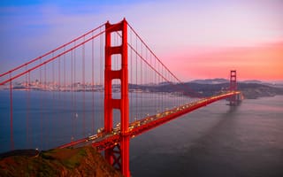 Картинка Сан-Франциско, Калифорния, огни, город, San Francisco, California, USA, США, Golden Gate Bridge, мост, дорога, вода, залив, Золотые Ворота, шоссе, закат, вечер