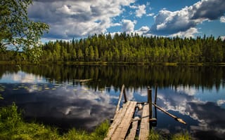Картинка лес, озеро, Финляндия, Национальный парк Сейтсеминен, мостки, доски, отражение, Finland