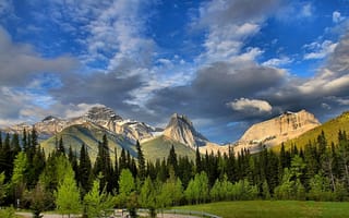 Картинка Wind Mountain, Канада, Canada, Alberta, Wind Tower, Альберта, лес, Canadian Rockies, Mount Lougheed, деревья, Канадские Скалистые горы