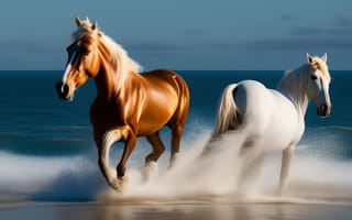 Картинка Вода, Море, Лошади, Кони, Двое, Арт, Бег