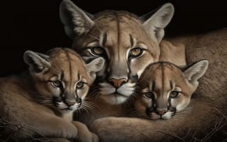 Картинка Взгляд, Котята, Цифровое искусство, Детеныши, Темный, Большие кошки, Трое, Хищники