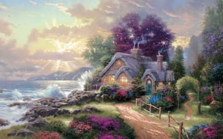Картинка waves, flowers, garden, Thomas Kinkade, path, rocks, cottage, clouds