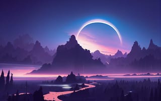 Картинка moon, landscape, night, art, mountains