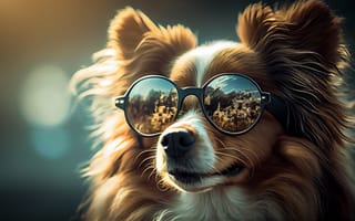 Картинка Собака, Взгляд, Искусство искусственного интеллекта, Солнцезащитные очки, Морда, ИИ-арт, Папийон, Цифровое искусство