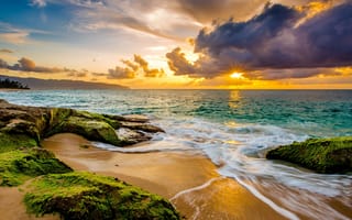 Картинка waves, beach, sand, sea, clouds, sunset, tide, wild beach