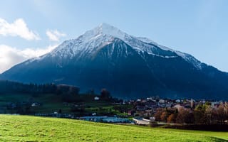 Картинка Луга, Дома, Spiez, Швейцария, Лето, Снежная гора, Switzerland, Шпиц