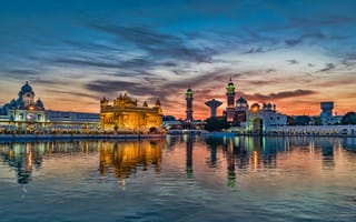 Картинка lights, river, Amritsar, sunset, India, Golden Temple