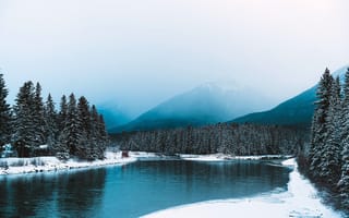 Картинка горы, река, Альберта, mountains, river, Alberta, Канада, дымка