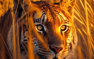 Картинка Взгляд, Тигр, Большая кошка, Глаза, Хищник, Цифровое искусство, Бенгальский тигр, Морда