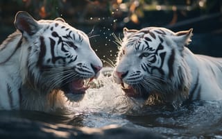 Картинка Вода, Полосатые, Двое, Цифровое искусство, Большие кошки, ИИ-арт, Хищники, Тигры