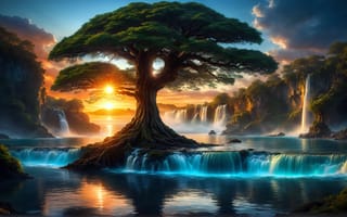 Картинка красота, закат солнца, водопады, дерево, sunset, горы, waterfalls, tree