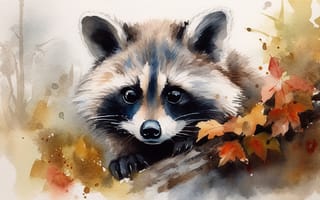 Картинка осень, взгляд, портрет, енот, акварель, рисунок, разводы, листья