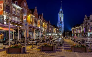 Картинка ночь, город, здания, Бельгия, люди