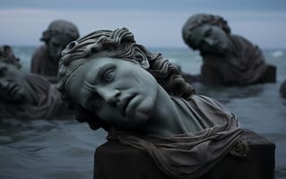 Картинка Вода, Облака, Цифровое искусство, ИИ-арт, Головы, Скульптура, Искусство искусственного интеллекта, Нейросеть