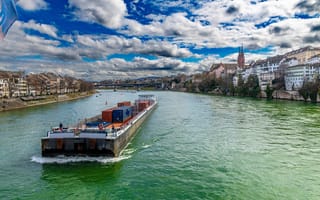 Картинка небо, облака, мост, здания, река, Швейцария, Базель, речные суда