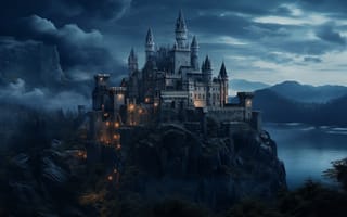 Картинка ночь, замок, старый, old, castle, скалы, dark, view