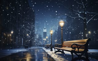 Картинка зима, снег, скамейка, ночь, city, город, огни, lights
