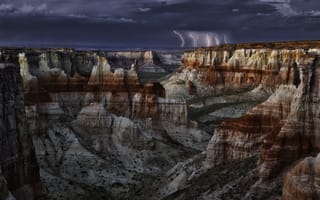 Картинка небо, тучи, США, Аризона, USA, скалы, молнии, каньон