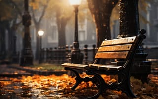 Картинка осень, листья, trees, park, autumn, скамейка, парк, night