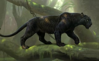 Картинка digital art, Black Panther, panther walks on tree branch, animal themes