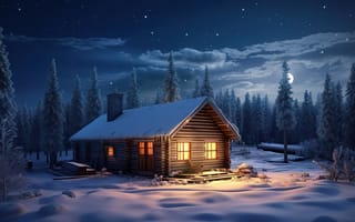 Картинка зима, лес, ночь, снег, christmas, хижина, forest, house