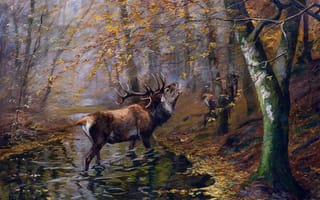 Картинка Деревья, Лес, Олень, Карл Риттер фон Домбровски, Рога, Carl Ritter von Dombrowski, Картина, Немецкий художник-анималист