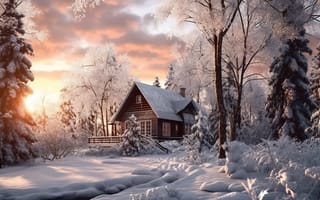 Картинка зима, лес, house, снег, мороз, домик, хижина, rustic